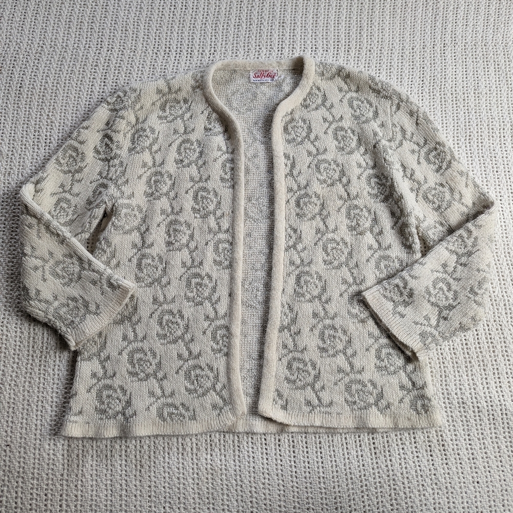 VTG 60S 70S SALLY GEE Knit Open Front Sweater Women's Medium Metallic Silver